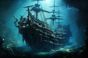 ai genererad pirat fartyg i de hav. fantasi landskap. 3d tolkning, ai genererad foto