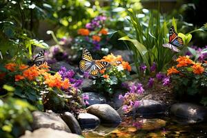 ai genererad fjäril på blomma säng i de trädgård med kopia Plats, ai genererad foto