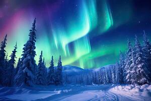 ai genererad aurora borealis, nordlig lampor över en frysta berg sjö, ai genererad foto