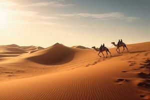 ai genererad öken- landskap med kamel och sand sanddyner. 3d tolkning, kamelkad på sand dyn på öken, ai genererad foto