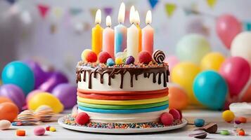ai genererad födelsedag kaka med ljus, födelsedag fest för barn, choklad, socker och godis, ljus, ljuv, barn har roligt, färgrik kaka, regnbåge, flerfärgad ballonger och gnistrar. foto