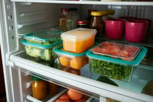 ai genererad kulinariska bekvämlighet extrahera en mat behållare från de kylskåp för lätt tillgång ai genererad foto