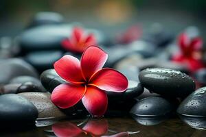 ai genererad lugnande spa arrangemang röd frangipani blomma med lugn spa stenar foto
