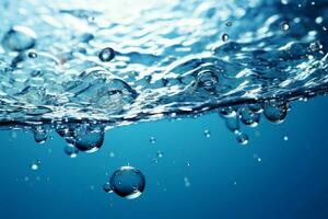 ai genererad lugnande blå vatten bakgrund med bubblor och blänkande vatten yta foto