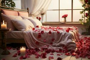 ai genererad hotell roman säng Utsmyckad med reste sig kronblad skapande en romantisk miljö ai genererad foto