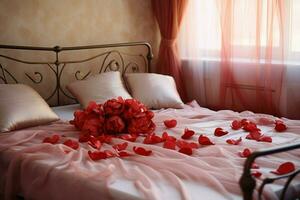 ai genererad romantisk atmosfär reste sig kronblad spridd på en säng i en hotell rum ai genererad foto