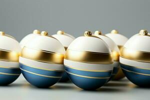 ai genererad påsk glädje vit, blå, och guld ägg i en minimalistisk attrapp foto