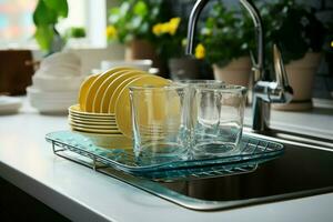 ai genererad diskning rutin- en snapshot av händer flitigt rengöring och tvättning maträtter ai genererad foto