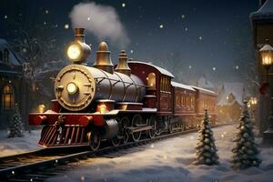 ai genererad jul tåg rullande genom en vinter- sagoland ai genererad foto