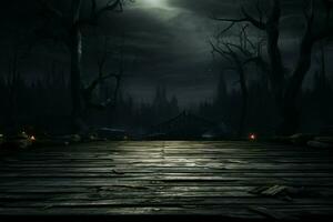 ai genererad läskigt scen mystisk halloween atmosfär med kylning trä- plankor bakgrund ai genererad foto