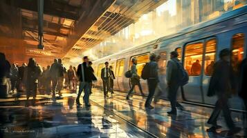 ai genererad människor i rörelse på en tåg sluta i de huvud station, en tecknad serie Ansökan som visar trafik och rörelse foto