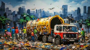 ai genererad färgrik brådska av urban återvinning mitt i de stad liv. tecknad serie foto