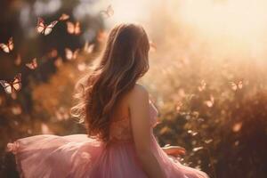 ai genererad kvinna i rosa prinsessa klänning mitt i flygande fjärilar. generera ai foto