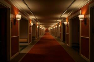 ai genererad matta interiör lång hotell korridor. generera ai foto