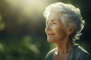 ai genererad leende grå håriga senior kvinna i grön parkera. generera ai foto