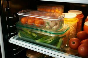 ai genererad kylskåp hitta hämtning en mat behållare från de kylskåp för en måltid ai genererad foto