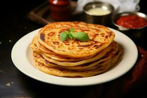 ai genererad frukost glädje paratha, kanai, eller roti maryam eras på tallrik foto