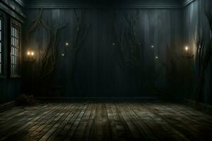 ai genererad efterhängsen halloween mörk Skräck bakgrund uppsättningar en mystisk skede med trä- plankor ai genererad foto