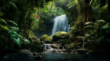 ai genererad vattenfall i skog, vattenfall i de djungel, tropisk landskap i de djungel, växter och grön träd i de djungel, vattenfall med sjö i de skog foto