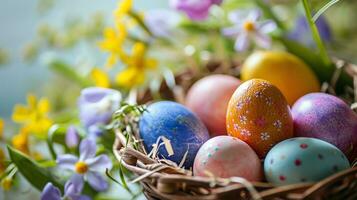 ai genererad påsk korg med färgrik målad ägg och vår blommor, perfekt för festlig dekoration och Semester bakgrunder. foto