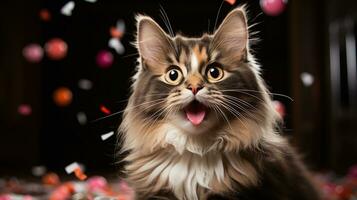 ai genererad förtjusande fluffig katt med bred ögon och tunga ut, fira med färgrik konfetti bakgrund, perfekt för födelsedag eller fest teman foto