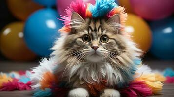 ai genererad fluffig katt med färgrik fjäder boa, vibrerande fest ballonger bakgrund, förtjusande kattdjur porträtt foto