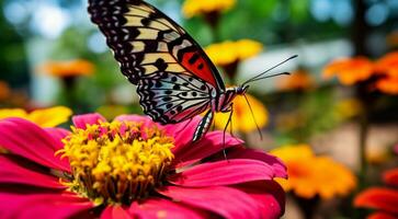 ai genererad färgrik fjäril på en blomma, abstrakt färgad fjäril på abstyrakt färgad bakgrund, färgrik bakåt tapet, abstrakt färgad fjäril på färgad blad foto