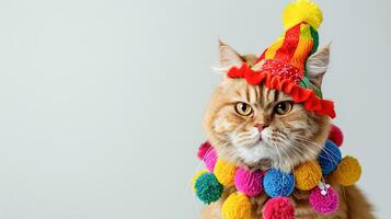 ai genererad orange tabby katt bär en vibrerande mexikansk hatt med färgrik pompoms, Framställ mot en enkel bakgrund, perfekt för festlig sällskapsdjur kalendrar och hälsning kort foto