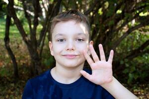 porträtt av en 9 år gammal blond pojke i ett höst parkera. stilig caucasian pojke i en blå t-shirt visar hans handflatan, ler och utseende på de kamera. foto