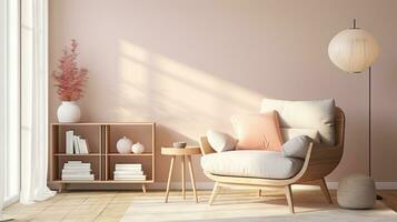 ai genererad levande rum interiör design med scandinavian möbel i persika färger och minimalistisk stil foto