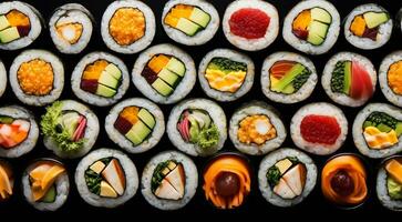 ai genererad närbild av sushi rullar på de tabell, sushi rullar uppsättning, sushi bakgrund, uppsättning av sushi rullar, skaldjur uppsättning, designad shushi rullar foto