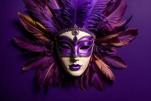 ai genererad en karneval mask med fjädrar på en lila bakgrund foto