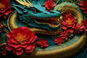 ai genererad en gyllene drake med röd blommor på en blå bakgrund foto