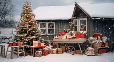 ai genererad jul träd med gåvor, jul träd med gåvor och dekorationer, jul scen foto