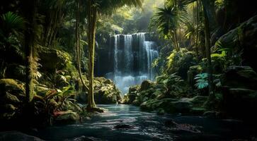 ai genererad vattenfall i skog, vattenfall i de djungel, tropisk landskap i de djungel, växter och grön träd i de djungel, vattenfall med sjö i de skog foto