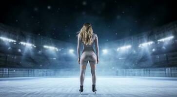 ai genererad figur skridskoåkning scen, figur skater håller på med knep i is i professionell stadion, figur skater på de is foto