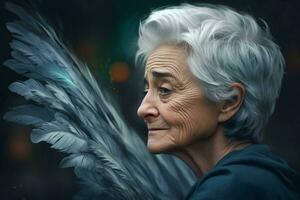 ai genererad äldre silver- håriga kvinna på fjäderdräkt bakgrund. generera ai foto