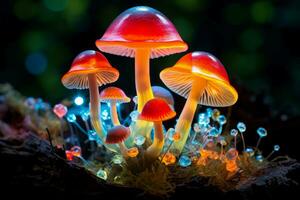 ai genererad självlysande magi fluorescerande svamp skog. generera ai foto