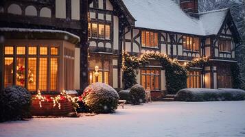 ai genererad jul i de landsbygden herrgård, engelsk Land hus herrgård dekorerad för högtider på en snöig vinter- kväll med snö och Semester lampor, glad jul och Lycklig högtider foto