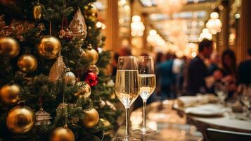ai genererad jul högtider och ny år firande, middag tabell och gäster på en lyx engelsk styled restaurang eller hotell, jul träd dekoration, Semester fest och händelse inbjudan foto