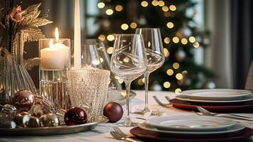 ai genererad festlig datum natt bordsbild aning, middag tabell miljö för två och jul, ny år, valentines dag dekor, engelsk Land Hem styling foto