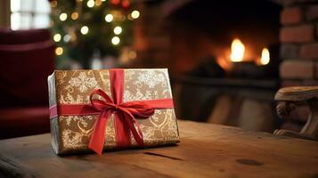 ai genererad jul gåva låda nära mysigt öppen spis i de engelsk Land stuga, vinter- högtider, boxning dag firande och Semester handla foto