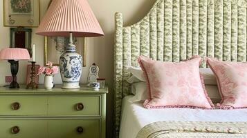 ai genererad engelsk stuga sovrum interiör med rosa och salvia grön dekor foto