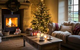 ai genererad jul, Semester dekor och Land stuga stil, mysigt atmosfär, dekorerad jul träd i de engelsk landsbygden hus levande rum med öppen spis, interiör dekoration foto