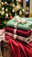 ai genererad jul gåva uppsättning, filt, handduk och Hem dekor textilier som Semester närvarande för engelsk landsbygden stuga foto