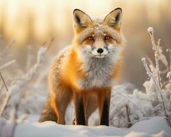 ai genererad röd räv vulpes vulpes i vinter- skog. foto