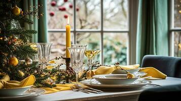 ai genererad jul Semester familj frukost, tabell miljö dekor och festlig bordsbild, engelsk Land och Hem styling foto