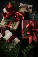 ai genererad klassisk jul presenterar och Semester gåvor, insvept gåva lådor under jul träd, boxning dag och högtider handla, generativ ai foto