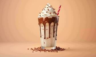 ai genererad choklad milkshake med vispad grädde och choklad pommes frites. 3d tolkning foto