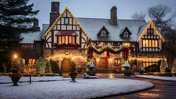 ai genererad jul på de herrgård, engelsk landsbygden stil egendom i vinter- med trädgård och exteriör landskap dekor foto